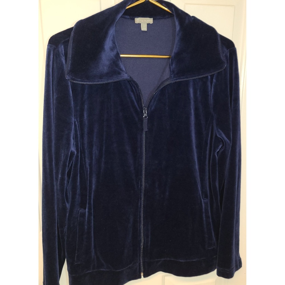 T by Talbot's Sapphire Blue Luxe Velour Jacket Full Zip Foldover Collar Sz L Fit